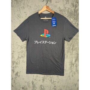 PlayStation T-Shirt Men's M Short Sleeve Sony Logo Japanese Kanji Gamer Gray